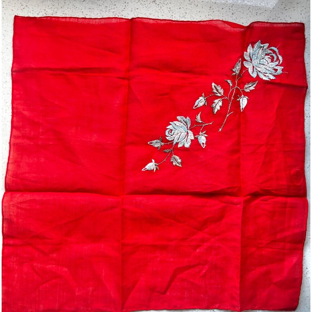 Vintage Red Swiss Cotton Handkerchief With Silver Rose Embroidery New - Picture 5 of 9